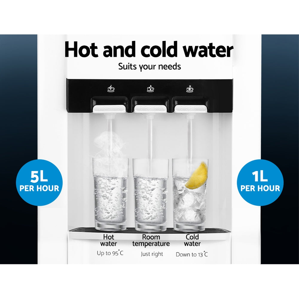 Hot, cold, and room temperature water taps on the front of the cooler for quick access.