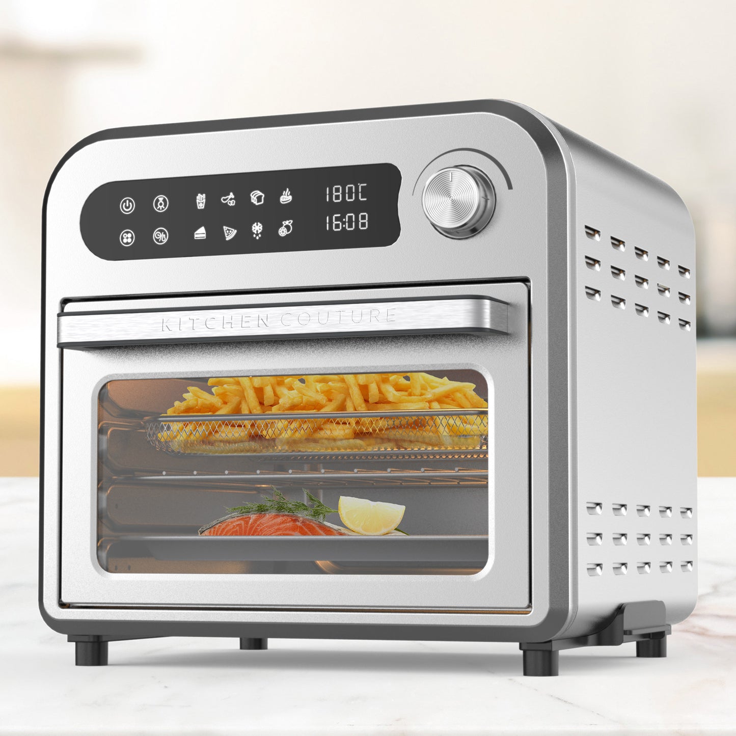 Digital oven with food inside on a light background