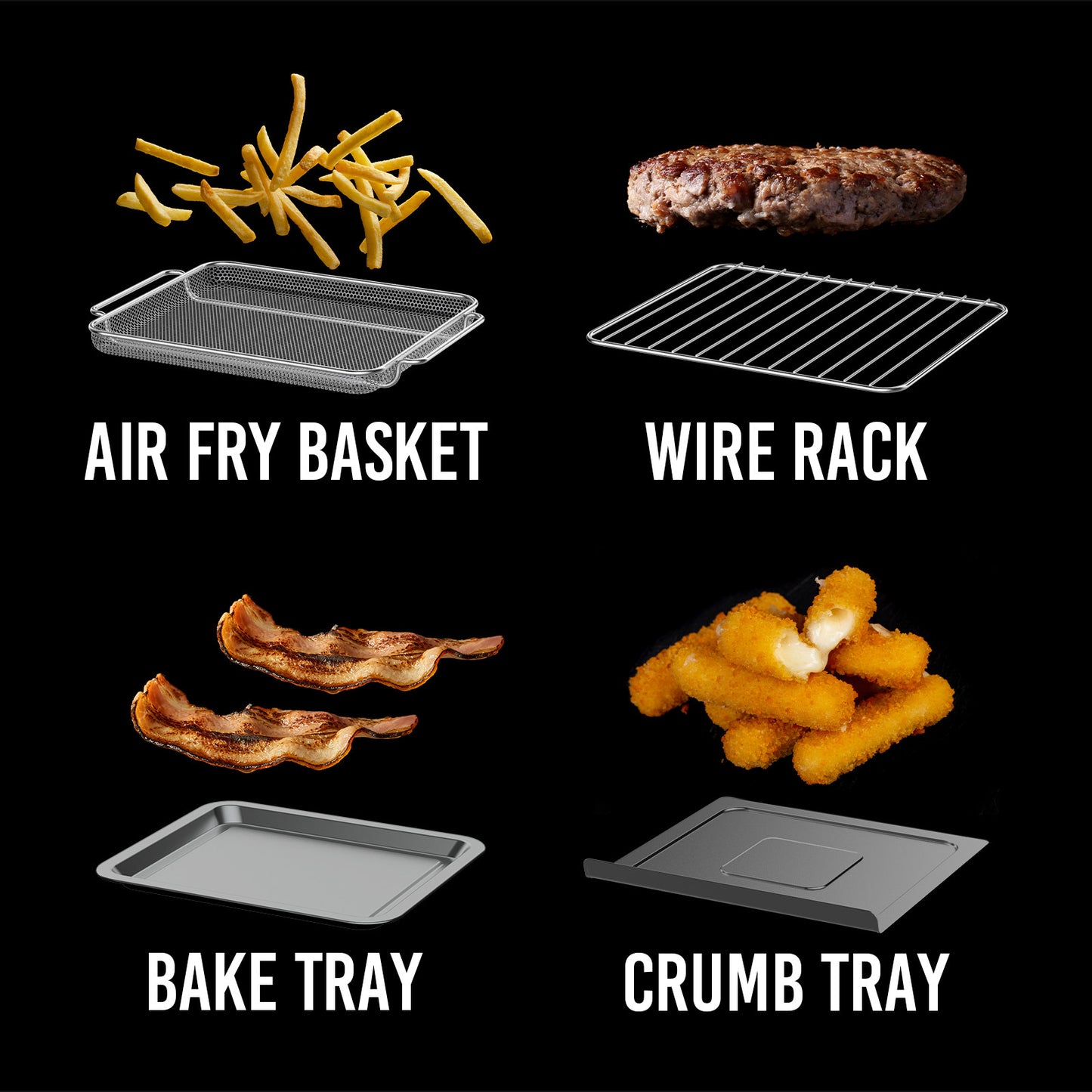 Set of kitchen utensils including air fry basket, wire rack, bake tray, and crumb tray with food items on a black background.