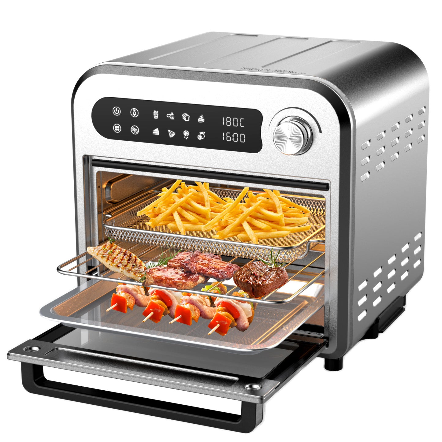 Multifunctional oven with food items inside on a white background