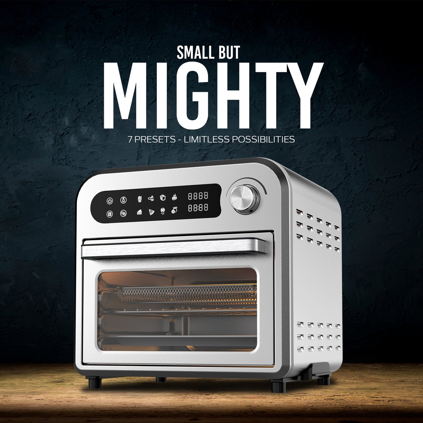 Small toaster oven on a wooden surface with a dark background and text 'Small but Mighty'.