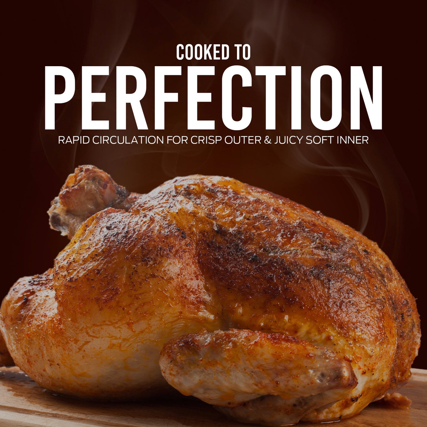 Roasted chicken with text 'Cooked to Perfection' on a dark background