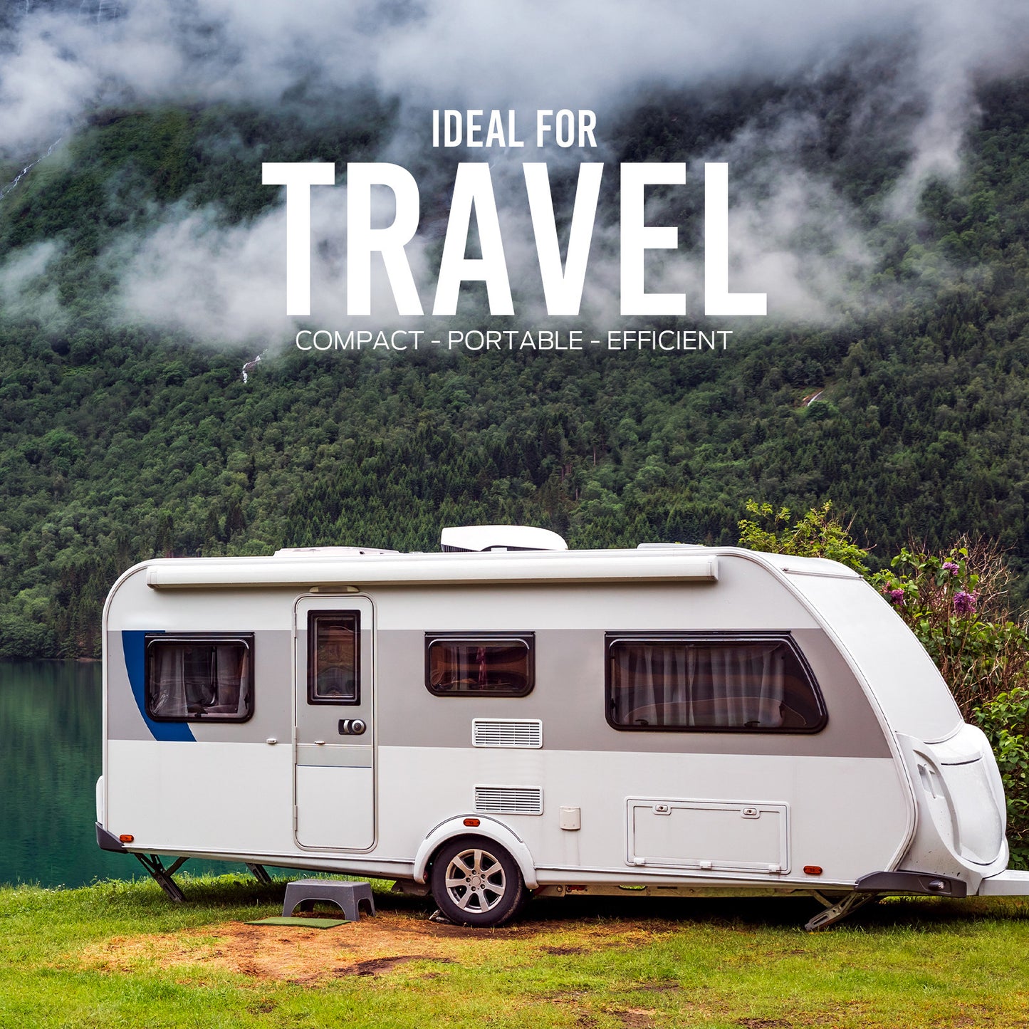 Camper trailer parked on a grassy area with mountains and water in the background, text 'Ideal for Travel' displayed.