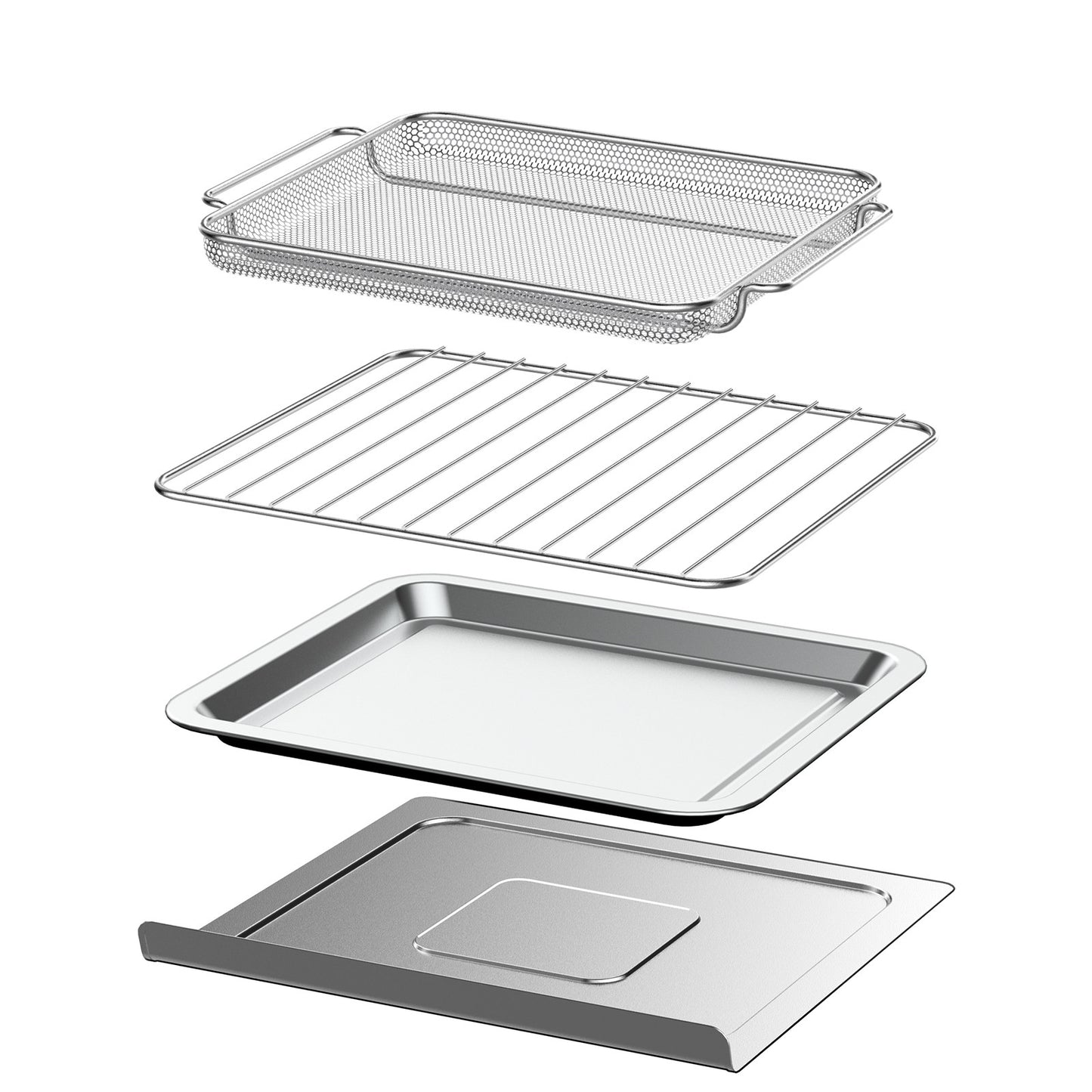 Set of metal baking trays and racks on a white background