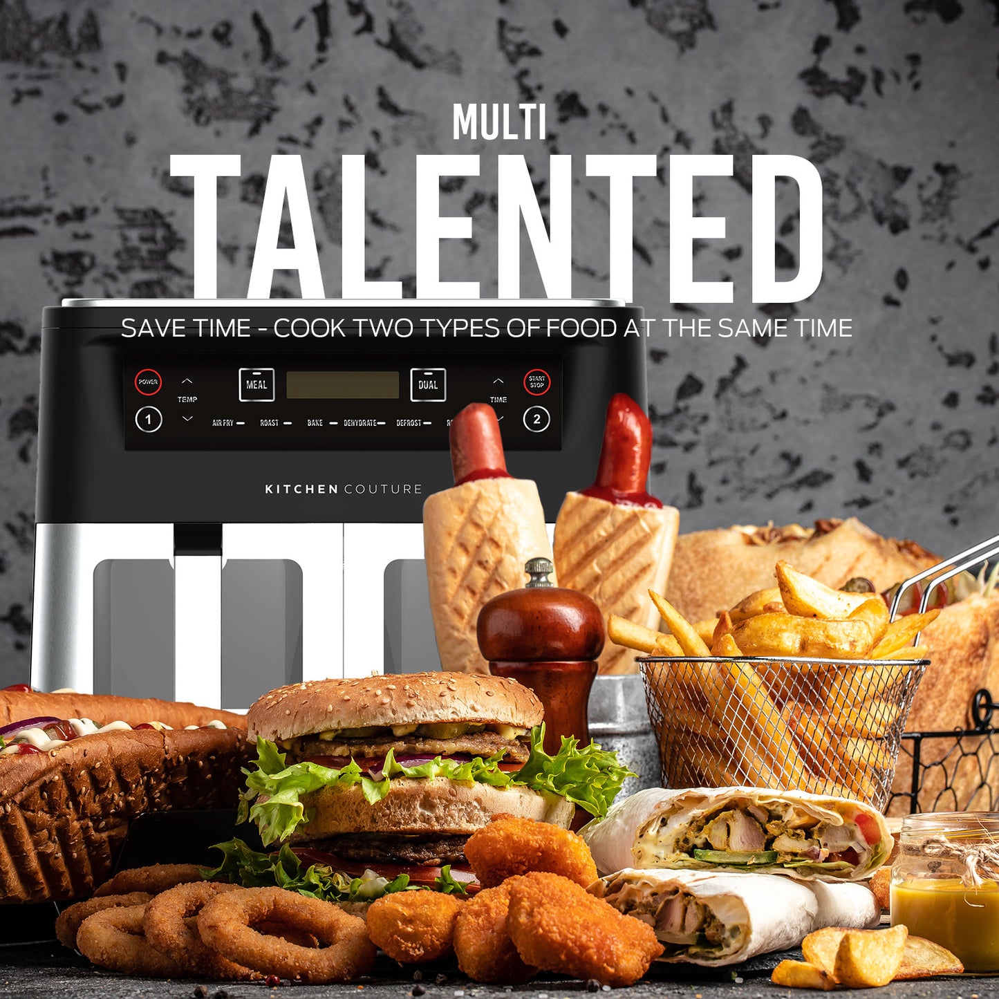 Multifunctional cooking appliance with various food items on a dark background, featuring the brand 'Kitchen Couture'.