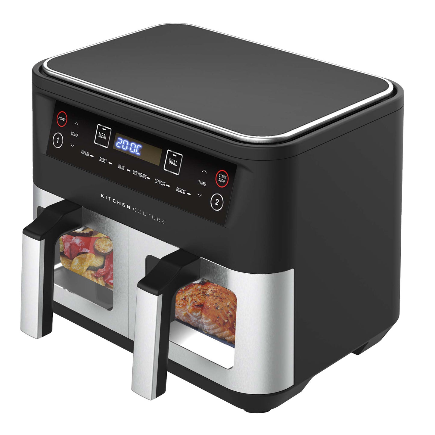Black and silver kitchen appliance with digital display and food items inside, brand 'Kitchen Couture' visible.