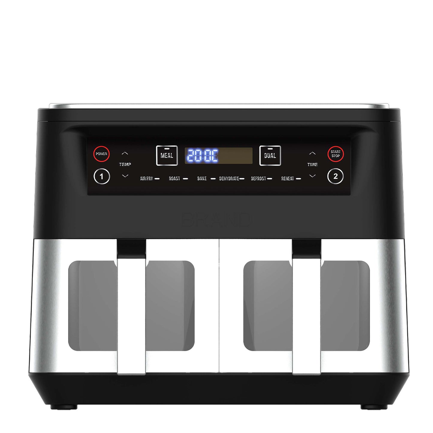 Black and silver kitchen appliance with digital display on a white background