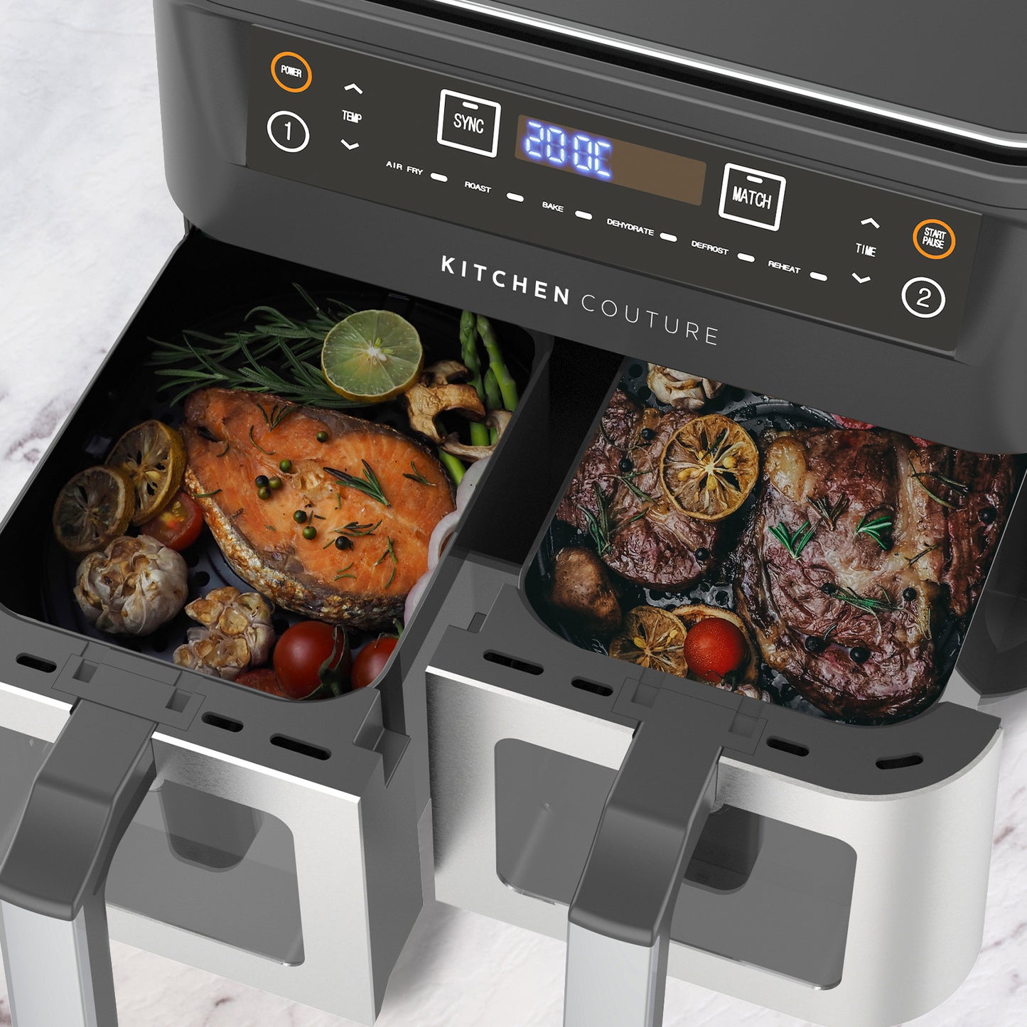 Kitchen Couture double air fryer with cooked food inside on a white background
