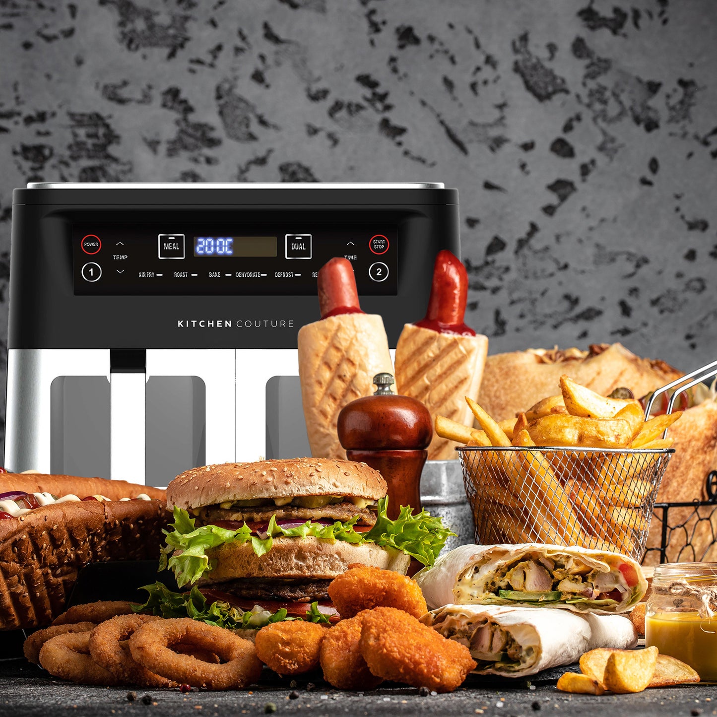 Kitchen appliance with food items like burgers, fries, and hot dogs on a dark surface.