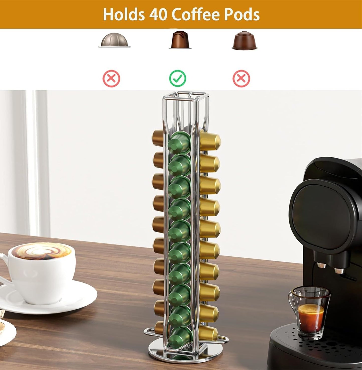 Coffee pod organizer with coffee machine and cup on a wooden surface