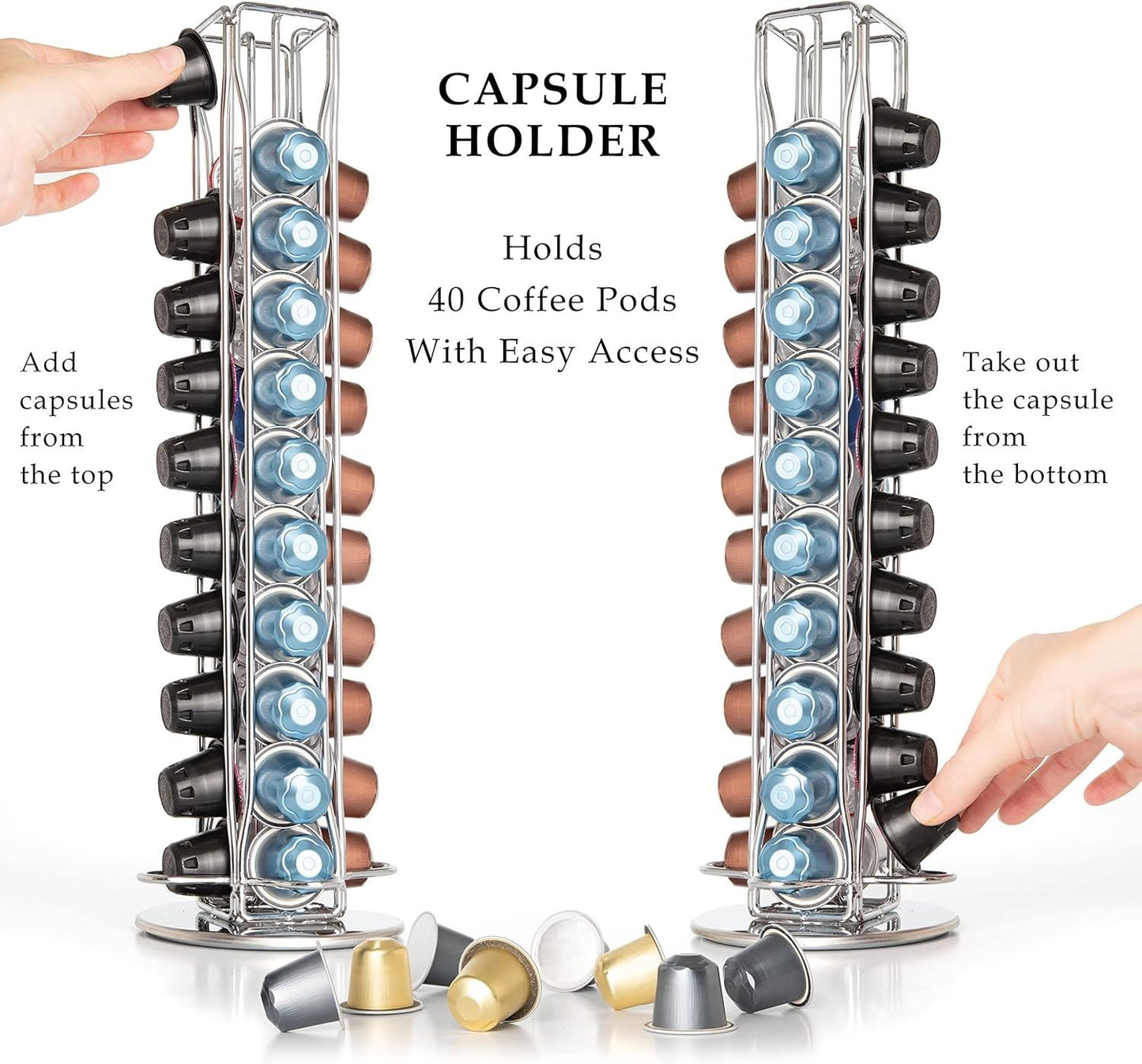 Coffee capsule holder with 40 slots on a white background