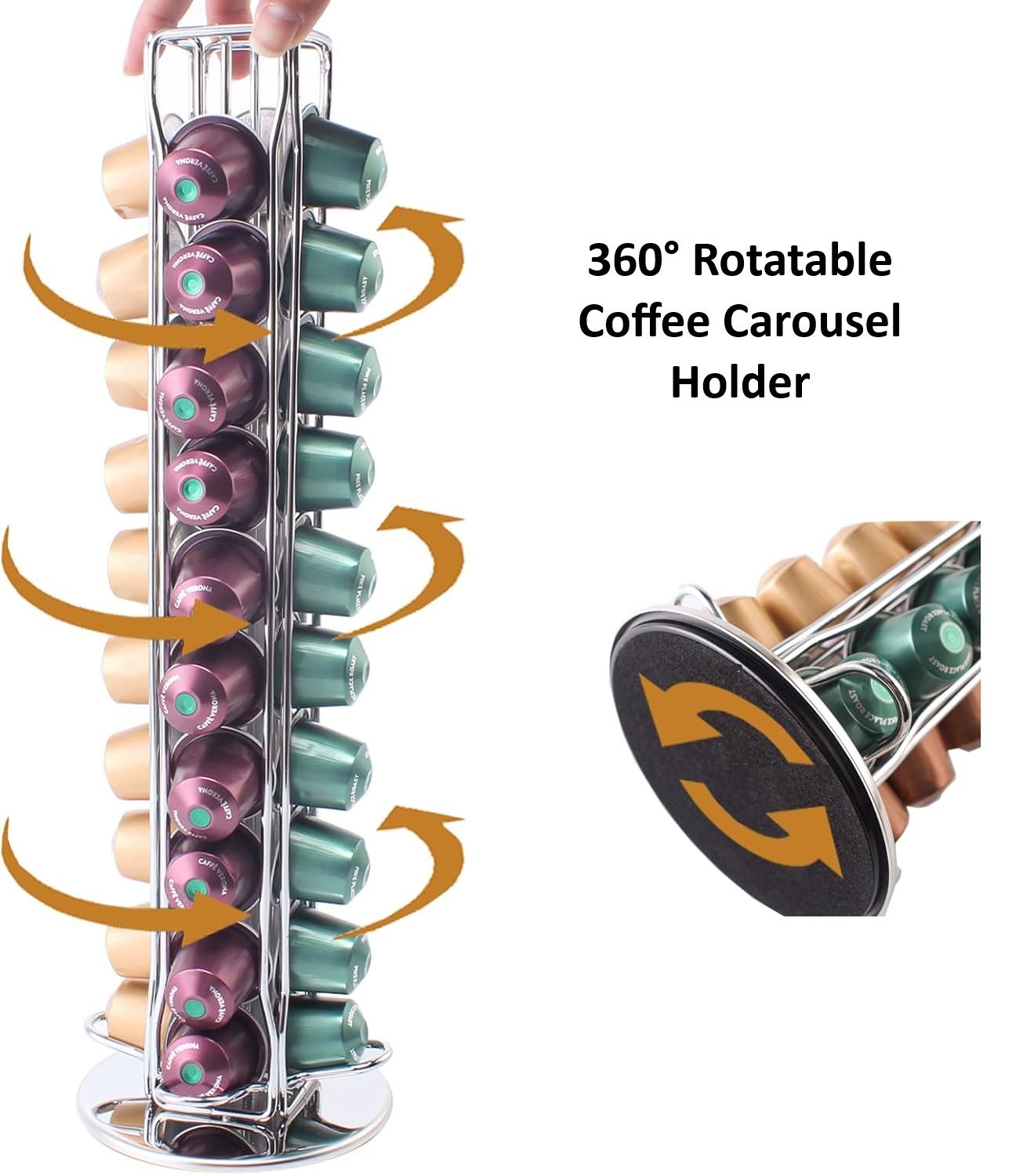 360° Rotatable Coffee Carousel Holder with coffee capsules on a white background