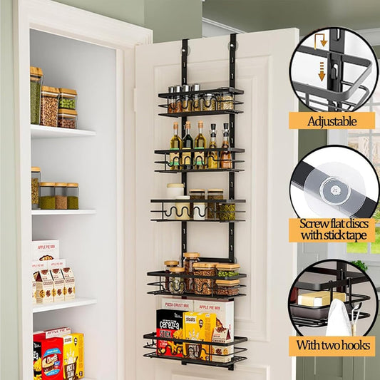 Pantry door organizer with shelves and hooks on a white pantry door.