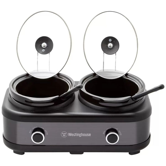Westinghouse double hot plate with two pots and lids on a white background