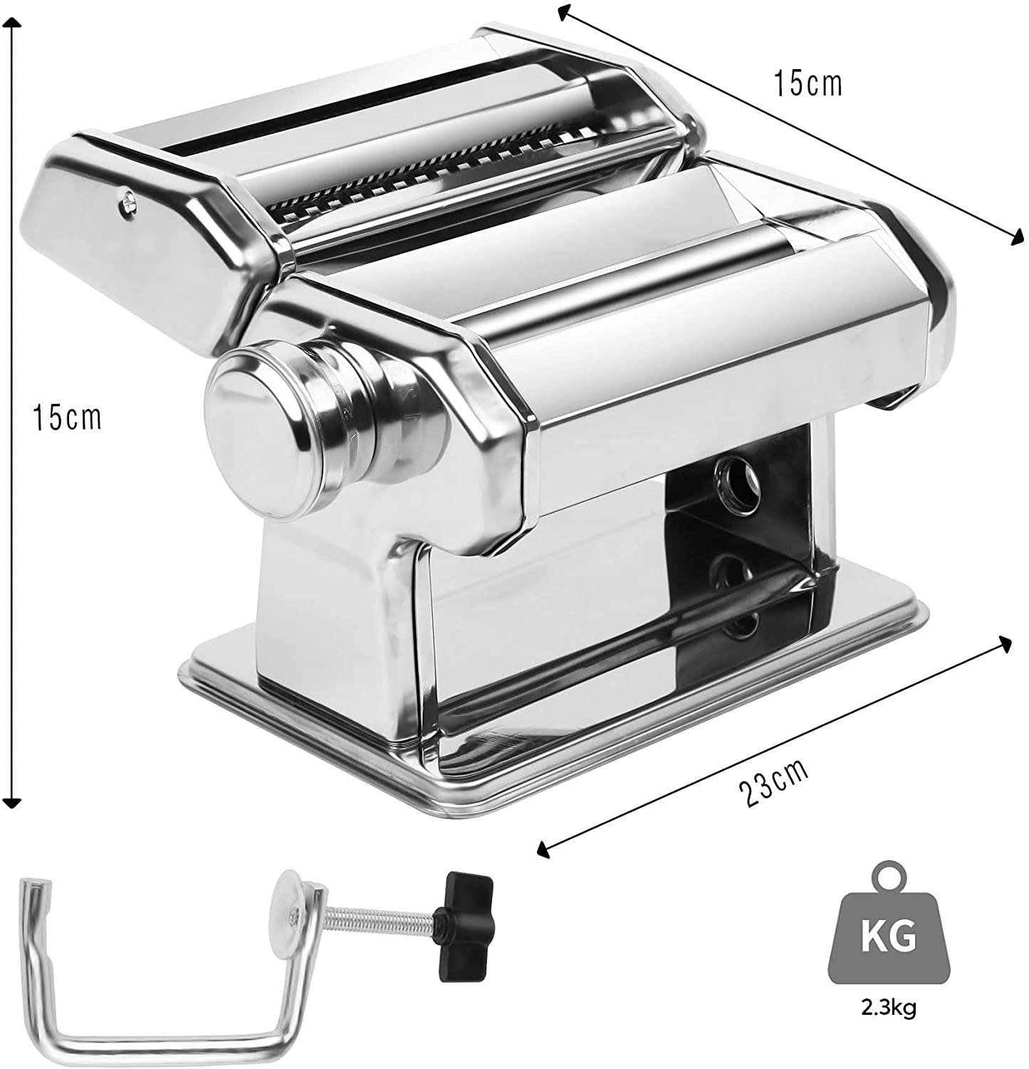 Pasta maker with dimensions and weight displayed