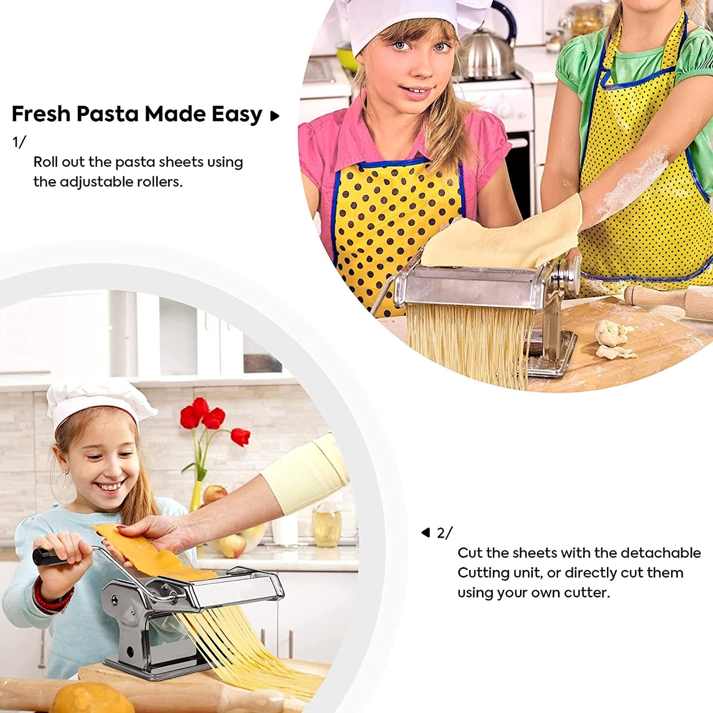 Children using a pasta maker with text instructions on making fresh pasta.