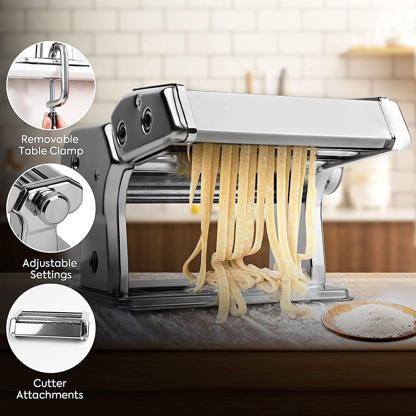 Pasta maker with noodles being made, showing features like a removable table clamp, adjustable settings, and cutter attachments.