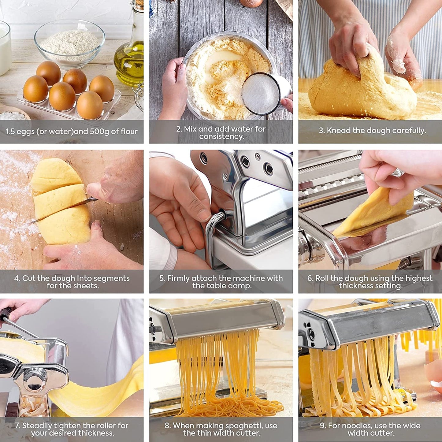 Step-by-step process of making pasta using a pasta machine.