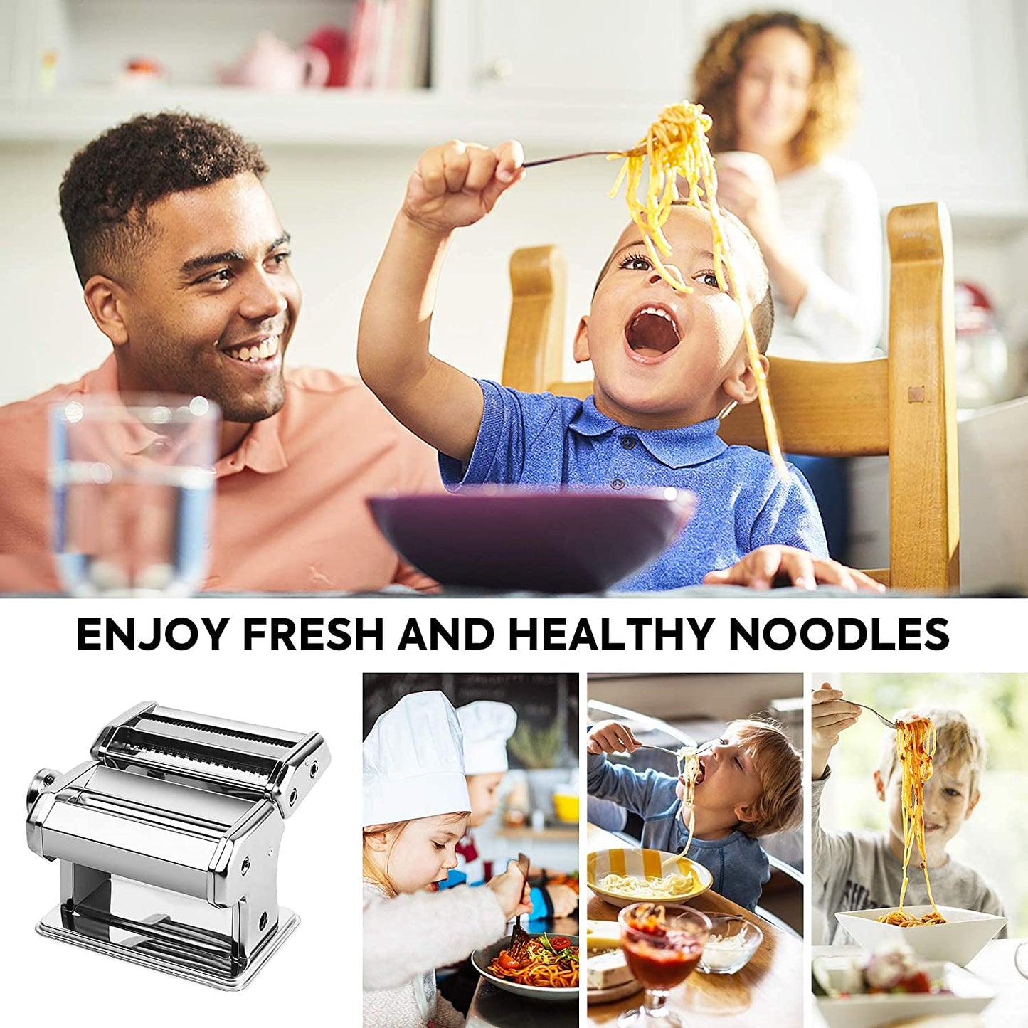 Family enjoying noodles with a pasta maker and children eating.
