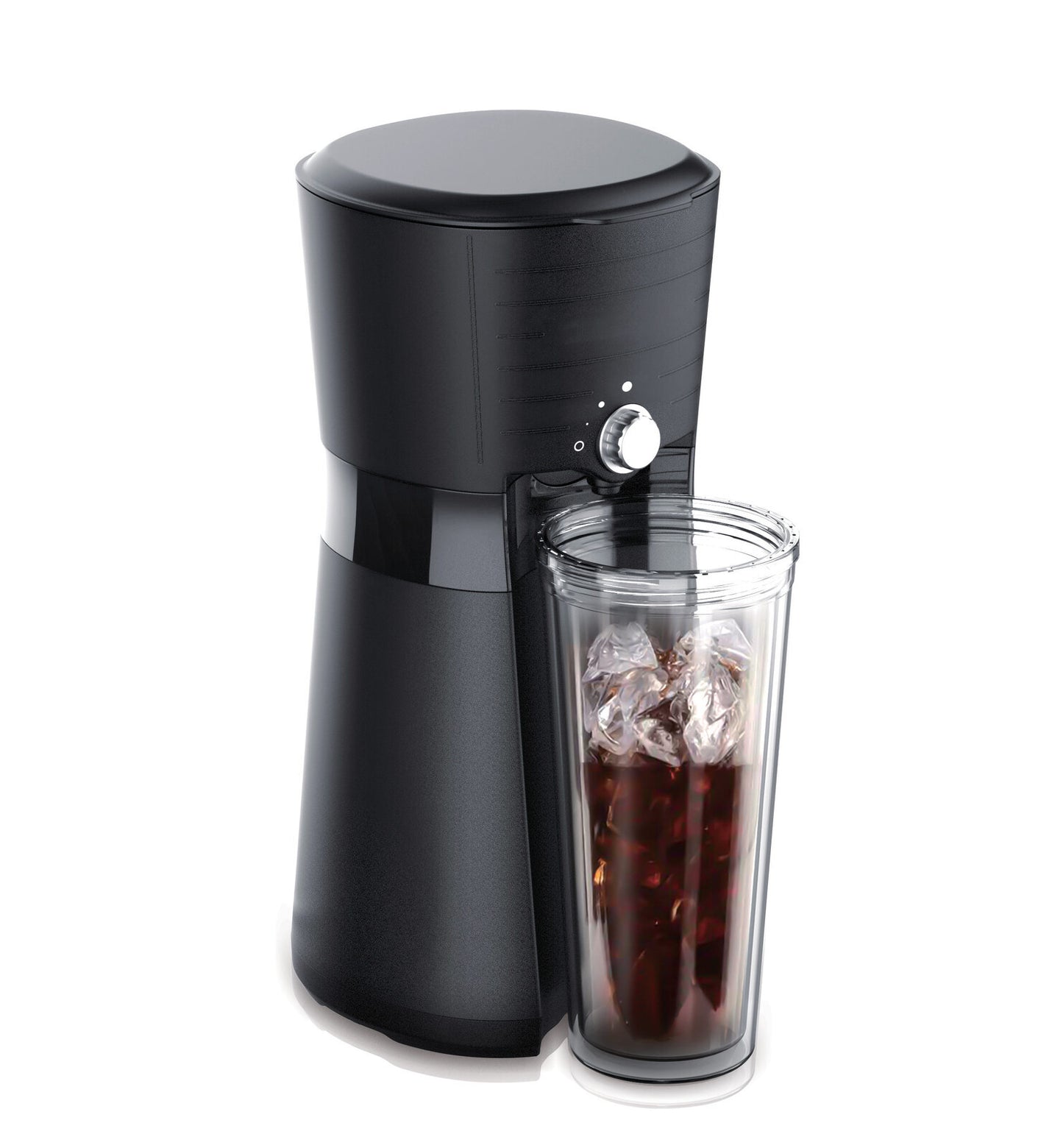 Black coffee maker with a glass of iced coffee on a white background