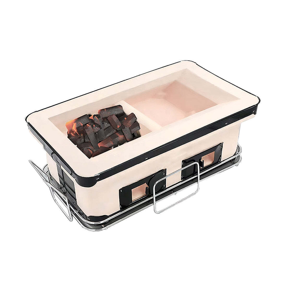 Portable fire pit with glass lid on a white background