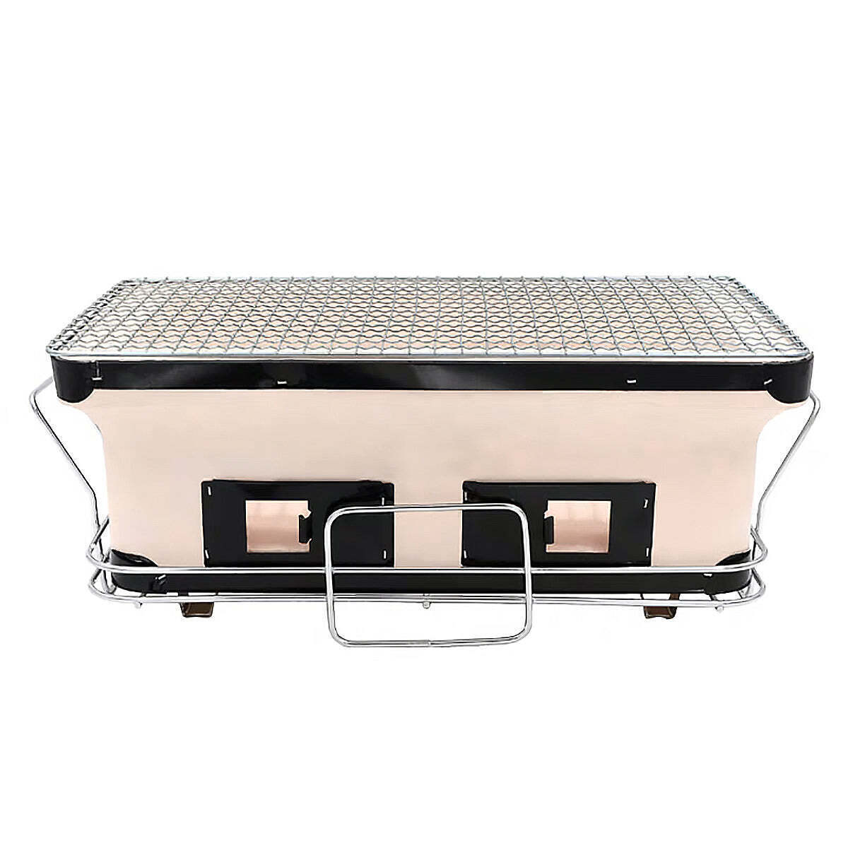 Rectangular grill with metal grate on a white background