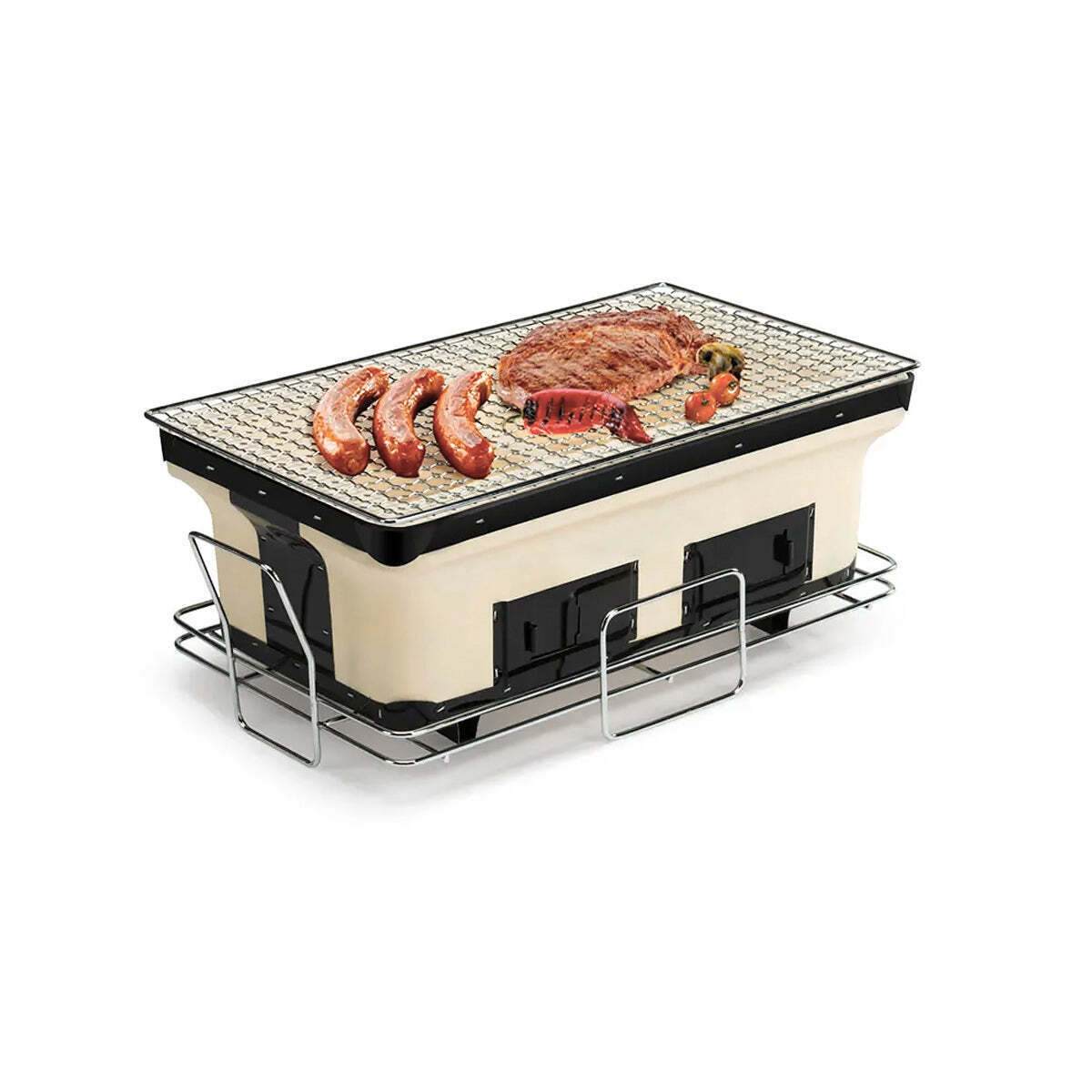 Portable grill with food on a white background