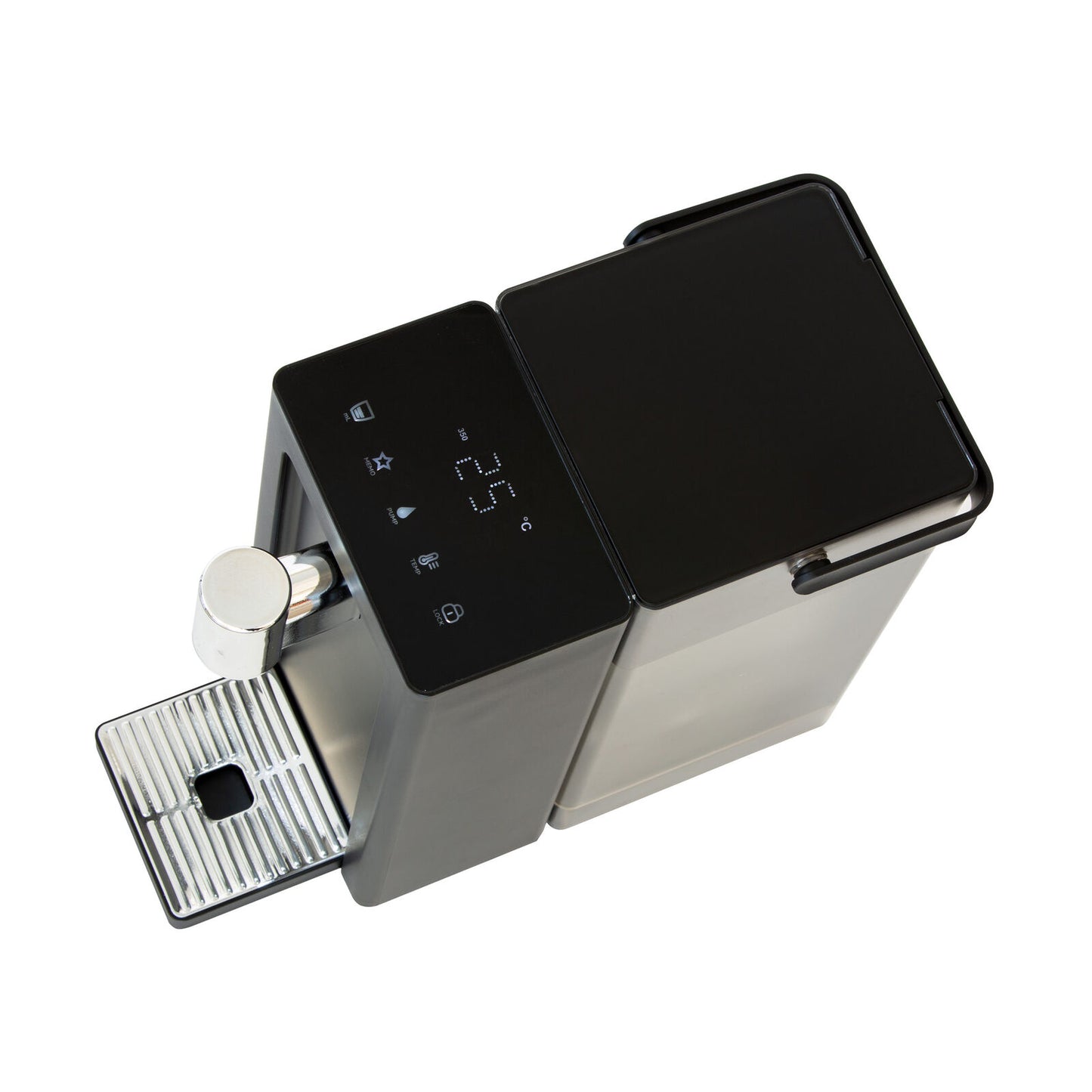 Black and silver electronic device with digital display on a white background