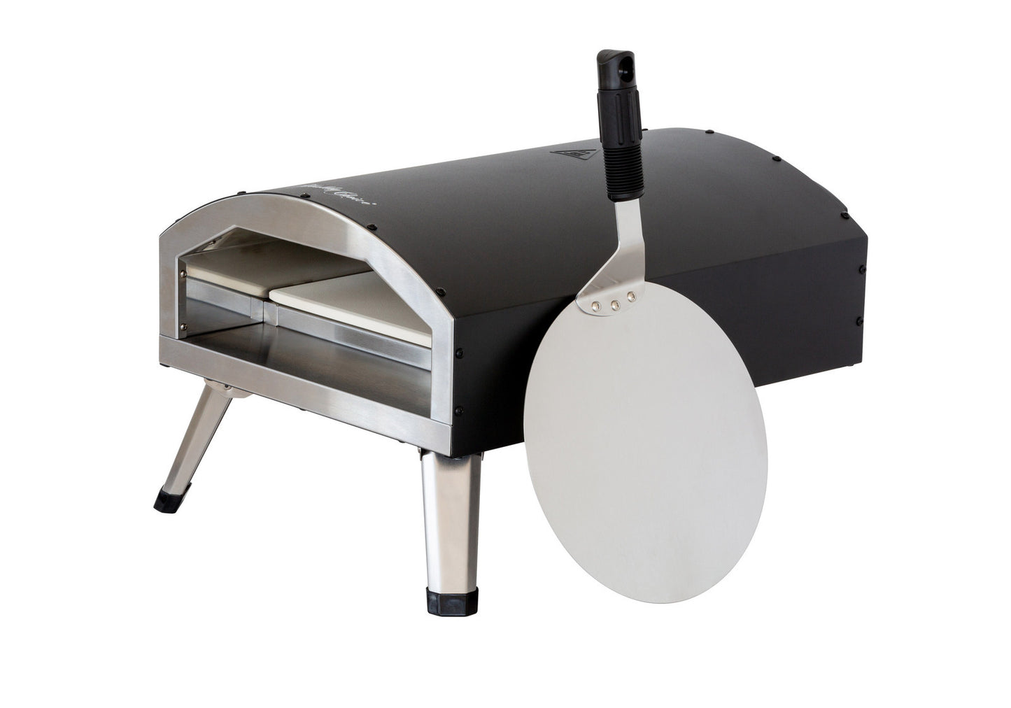 Portable pizza oven with a pizza peel and pizza stone on a white background
