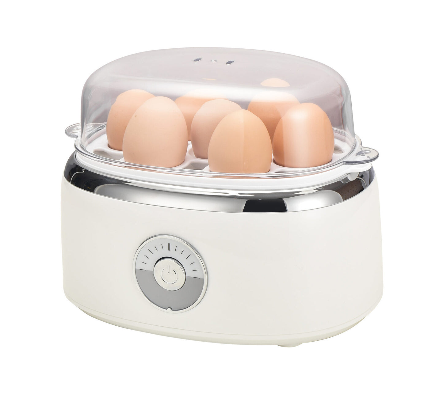 Egg cooker with eggs on a white background