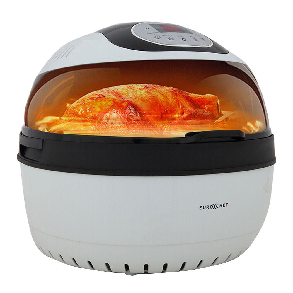 EuroChef 10L Air Fryer with digital touch panel, rotisserie setup, and sleek white finish. Model EF-AF10RW-WH.