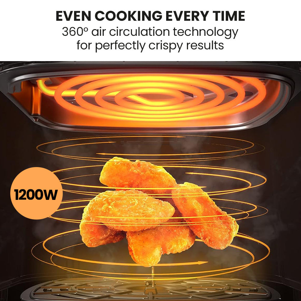 Oven interior with hot coils and crispy food, highlighting 360° air circulation technology.