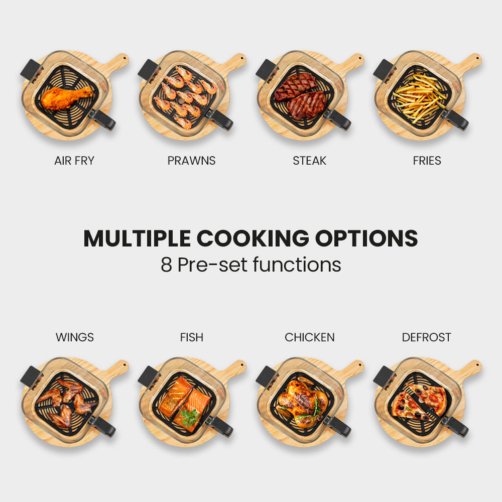 Various food items being cooked on a grill with labels for different cooking functions.