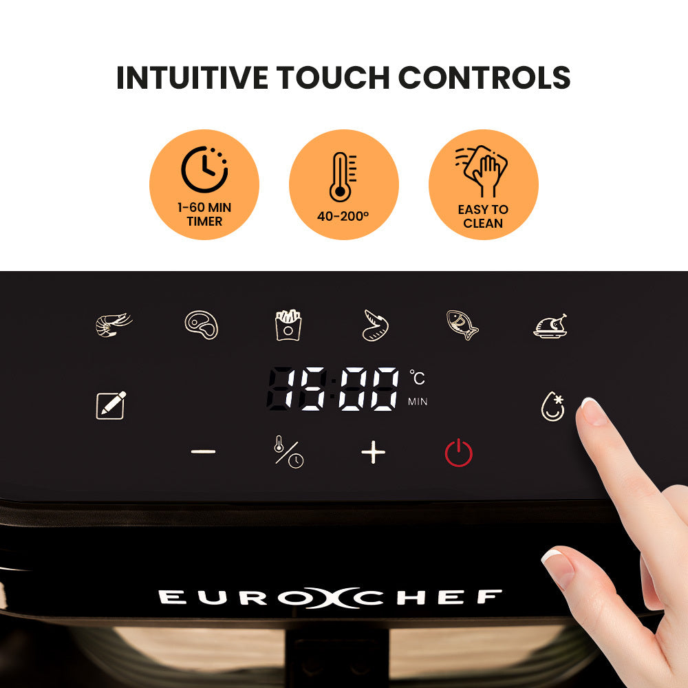EuroChef air fryer control panel with intuitive touch controls and a hand pressing a button.