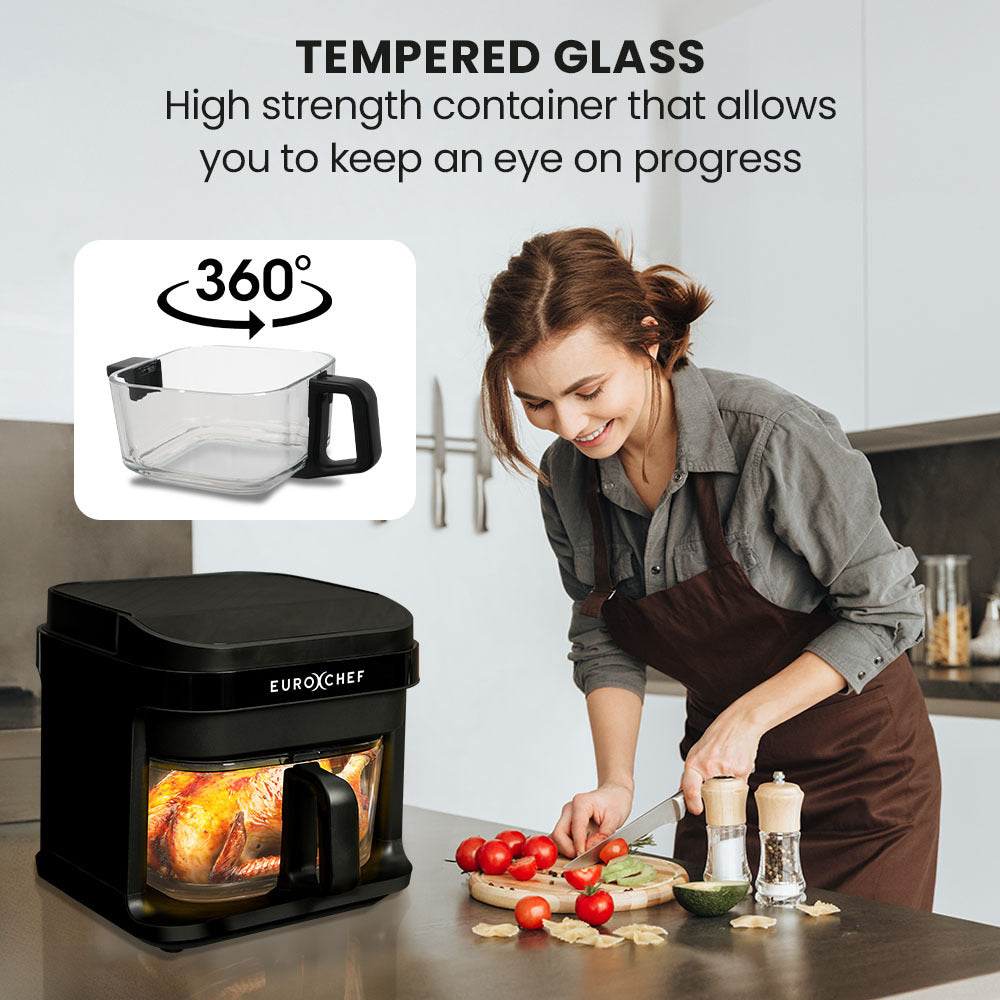 Woman in a kitchen using a EuroChef appliance with a transparent glass container, highlighting tempered glass feature.