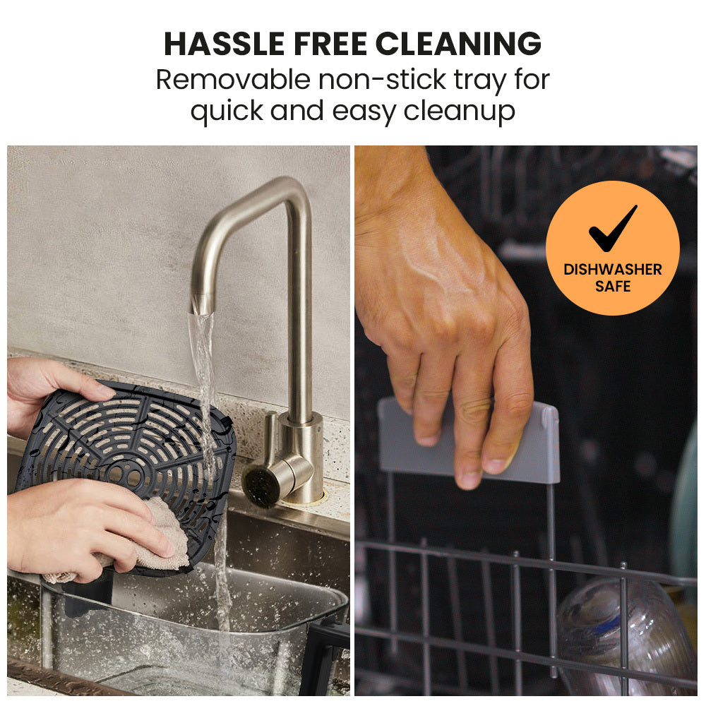 Removable non-stick tray for quick and easy cleanup with dishwasher safe feature.