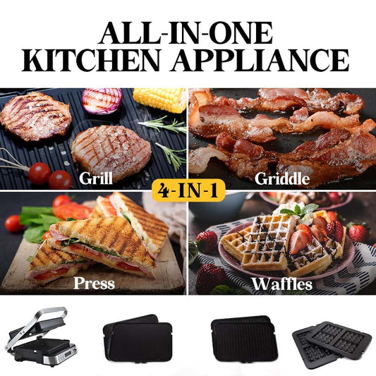 All-in-one kitchen appliance with grill, griddle, press, and waffle maker functions.