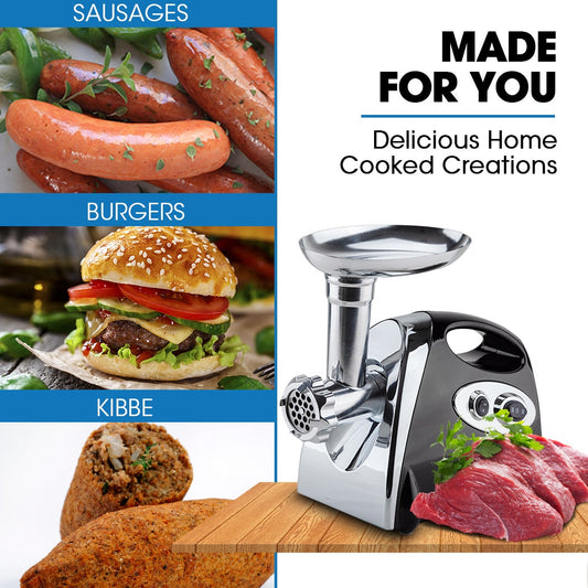 Advertisement for a meat grinder with images of sausages, burgers, and kibbe, and text 'Made for You'.