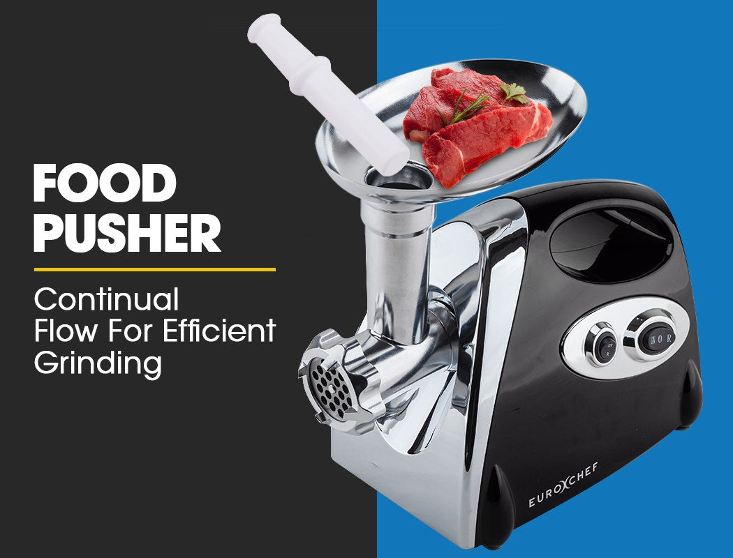 EuroChef food grinder with meat on a blue and black background