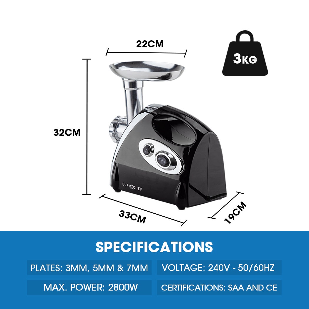 Black meat grinder with measurements and specifications on a white background