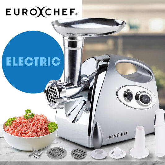 EuroChef electric meat grinder with ground meat and attachments on a kitchen counter.
