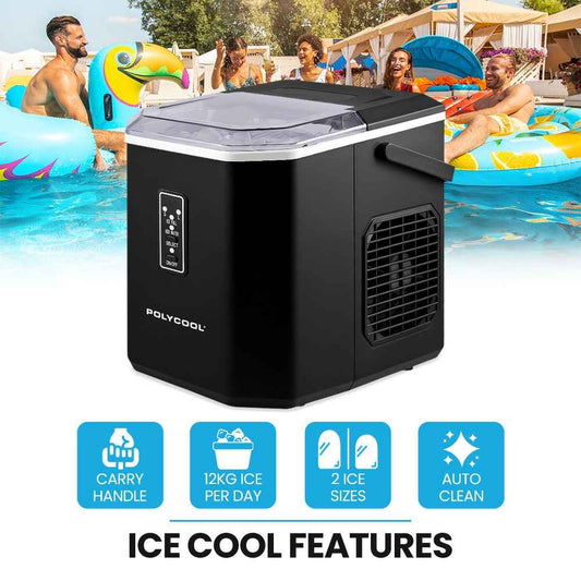 POLYCOOL Portable Ice Maker Machine, Automatic, 12kg/day, Auto Clean, with Scoop and Removable Basket, Black
