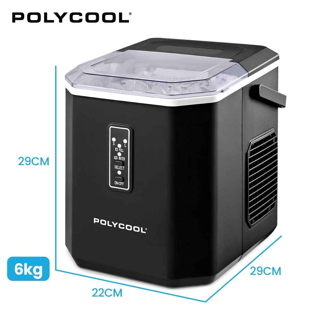 POLYCOOL Portable Ice Maker Machine, Automatic, 12kg/day, Auto Clean, with Scoop and Removable Basket, Black