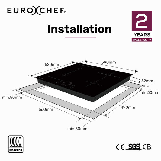 EuroChef induction cooktop installation diagram with dimensions and warranty information.