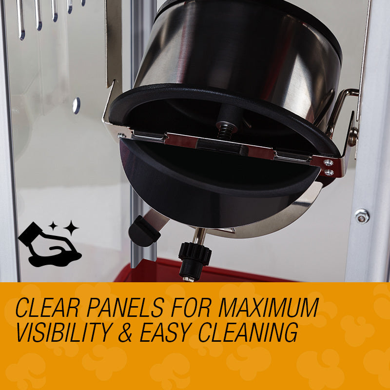 Coffee grinder with clear panels for visibility and cleaning, on a white background.