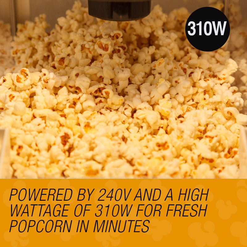 Popcorn being made with a machine, featuring text about power requirements.