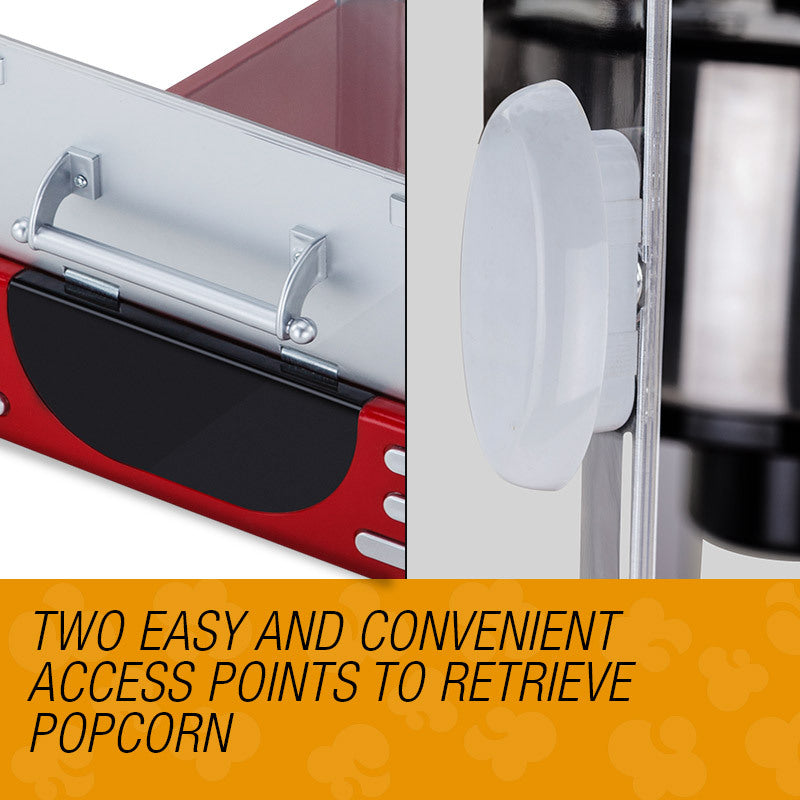 Close-up of a popcorn machine with text about easy access points.