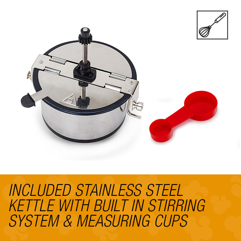 Stainless steel kettle with stirring system and measuring cups on a white background