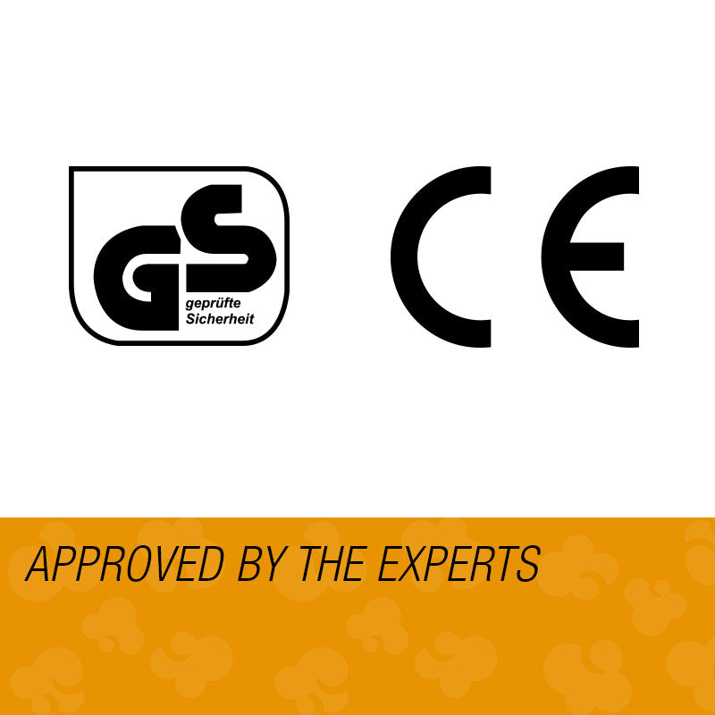 GS and CE certification logos with 'Approved by the Experts' text on a white background.