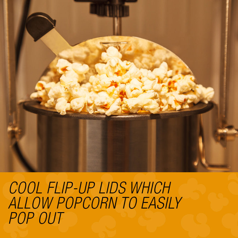 Popcorn popper with popped popcorn and text about flip-up lids.
